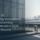 Modern city skyline powered by renewable energy with rooftop solar panels, distant wind turbines, and electric vehicle charging stations.